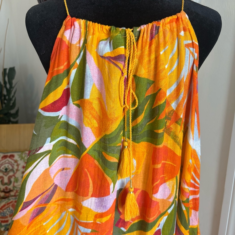 C & C California Linen Blend Tropical Palm Orange Colorful Long Shift Dress! Lg - Picture 7 of 13